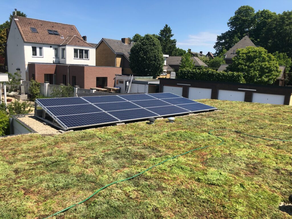 Groen sedum dak met zonnepanelen